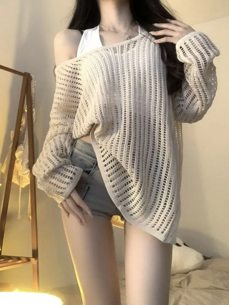 

Summer Pullovers Women Tender Long Sleeve Knit Soft Fashion Hot Sale Feminine Harajuku Hollow Out Holiday Solid Casual Vintage