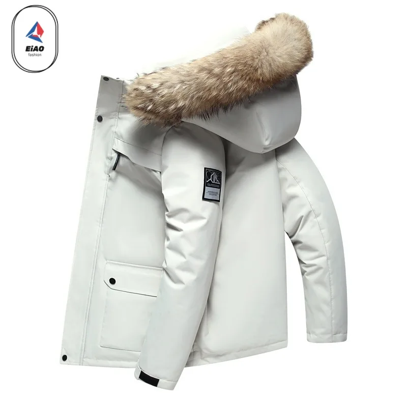 EIAO Outdoor Ski White Duck Down Parka Men Wome Winter Fashion Multi-Pocket Down Jacket Hiking Windproof Fur Collar Puffer Coat