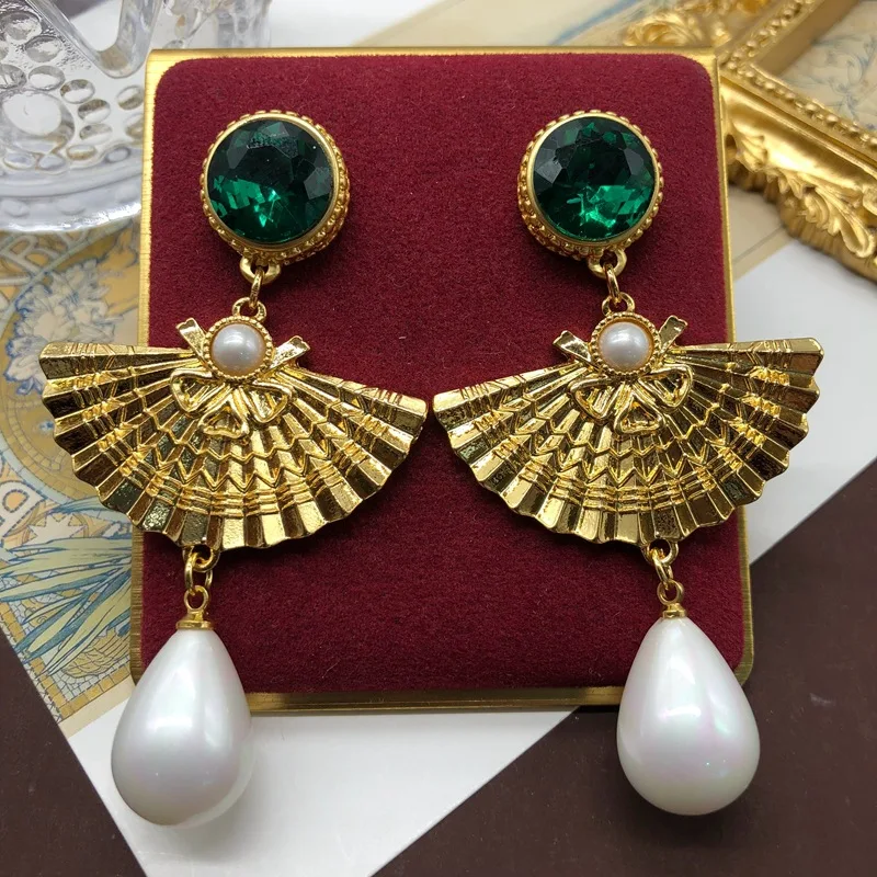 European and American retro water drop glass pendant fan shaped earrings