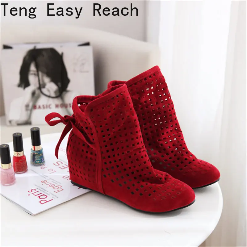 

2023 New Women Summer Boots Flat Low Hidden Wedges Cutout Bow Boots Ladies Dress Casual Shoes Hot Sale Size 34-43 Botas Mujer 37