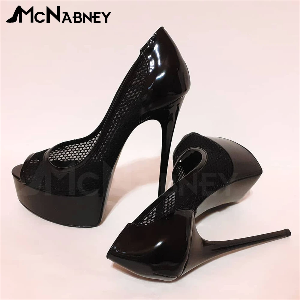 

Black Mesh Peep Toe Pumps Platform Stiletto Heels Elegant Concise Style High Heels Sexy Hot Heeled Shoes Women Large Size Shoes