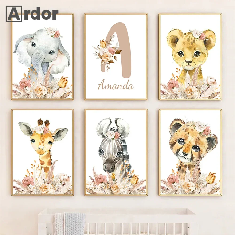 Custom Name Poster Lion Zebra Art Prints Plant Flowers Canvas Pictures Elephant Posters Nursery Wall Paintings Kids Room Decor cute lion elephant giraffe zebra leopard wall art canvas painting nordic posters and prints animal wall pictures kids room decor