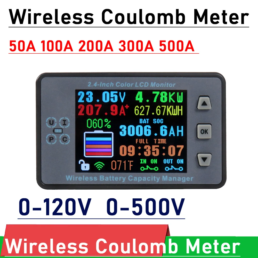 

DC 500V 500A Wireless Coulomb Meter Battery Monitor Lifepo4 lead-acid Li-ion lithium capacity power display 12V 24V 36V 48V 60V