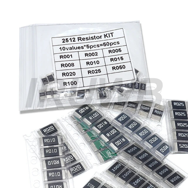 50PCS 2512 SMD Resistor Samples kit R001 R002 R005 R008 R010 R015 R020 R025 R050 R100 Alloy resistance 10 kindsX5pcs=50pcs