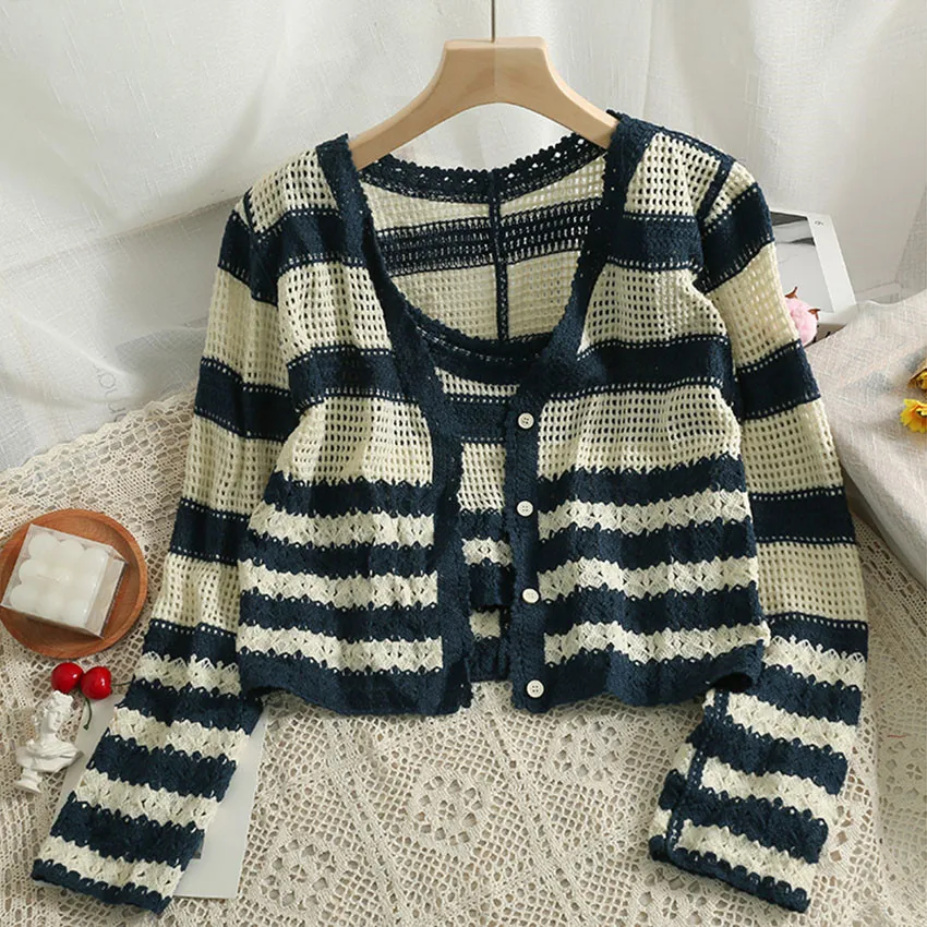 

Korean Chic Knitted Sweater Cardigan Crop Top Women Vintage Striped Sweaters Coat Tank Top 2 Piece Boho Clothing