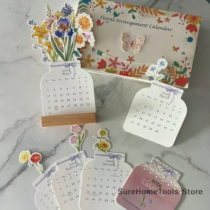 Environmentally Friendly Paper Flower Desktop Calendar Wooden Stand Calendar Cute Exquisite Decorative Ornament Natural Wood