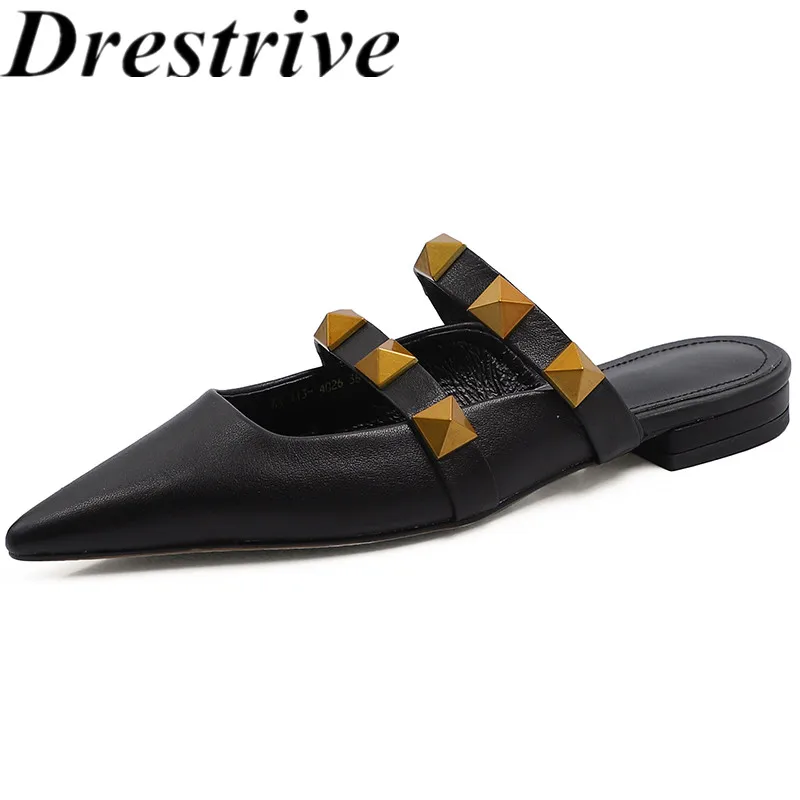 

Drestrive Women Slippers Pointed Toe Cow Leather Rivet Flats 2021 Summer Low Heel Casual Shoes Black Mules Fashion Girl Sandals