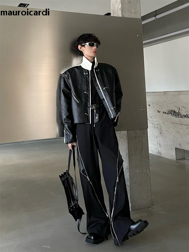 Men Trousers Leather Pants Mauroicardi Spring Autumn Pu Leather Patchwork Long Loose Many Zippers Luxury Designer