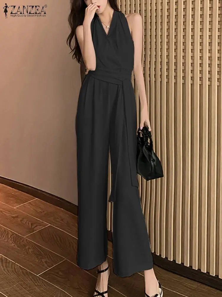 

ZANZEA Fashion Belted Long Romper Elegant Jumpsuit Women 2023 Summer Sleeveless V Neck Playsuit High Waist Wide Leg Pant Overall