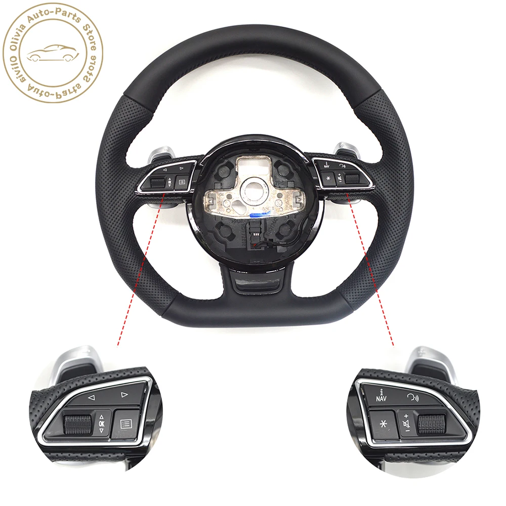 

For Audi A4B8 Black flat bottom semi perforated multifunction steering wheel with paddles and buttons
