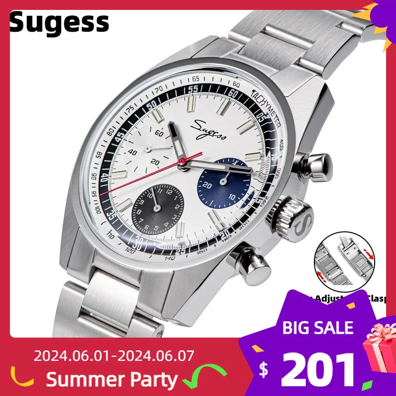 Sugess Watch 38mm Chronograph Watches of Men Original ST1902 Swanneck Movement Waterproof Mechanical Wristwatches Domed Sapphire