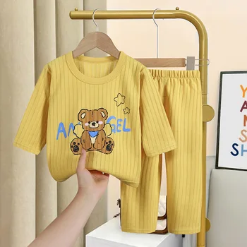 Nuovo arrivo primavera estate manica lunga set bambino Unisex pigiama in puro cotone abiti Cartoon stampato top pantaloni 2 pezzi biancheria intima 1