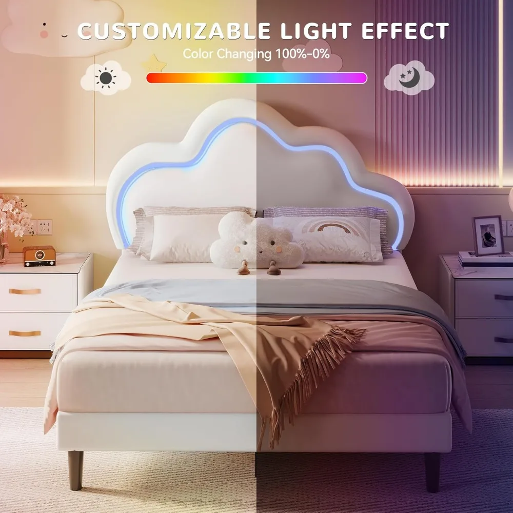 dwvo cloud bed frame queen size, pu leather upholstered bed frame with led lights, platform bed with cloud headboard, no box spr Sef52a383e5bc403ca3929b5bb9f9edc6M