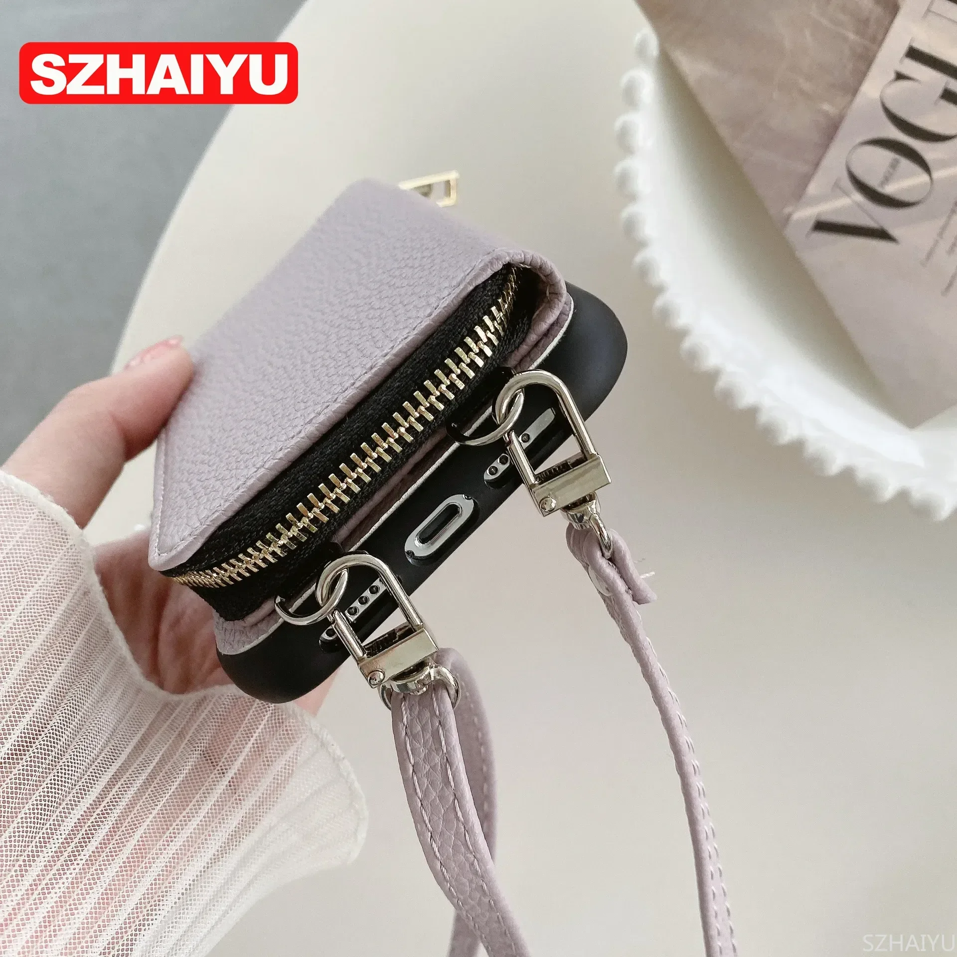 Elegant Leather Zipper Wallet Phone Case with Card Holder and Crossbody Lanyard