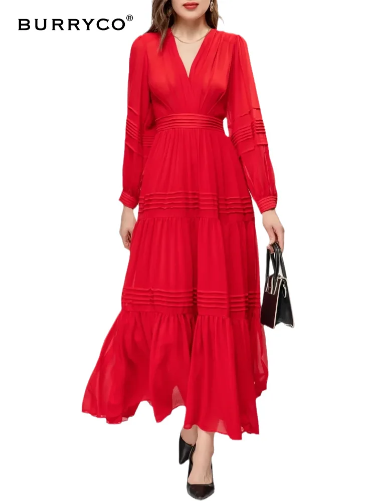 

BURRYCO 2023 Summer Women's New Trend Gentle Fairy V-Neck Chiffon Long Sleeve Large Swing Ruffle Dress