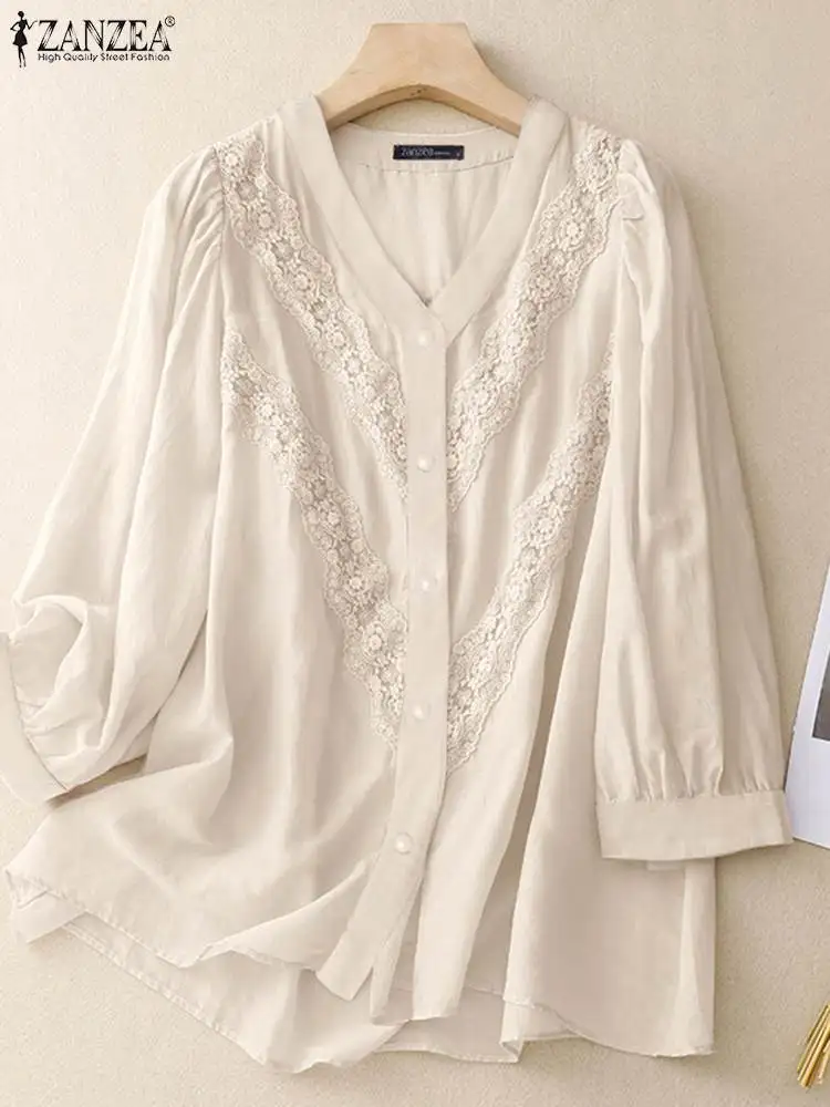 

Women Long Sleeve Blouse ZANZEA 2023 Autumn Lace Patchwork Shirts Casual Solid Button Female Blusas Holiday V-Neck Top Oversized