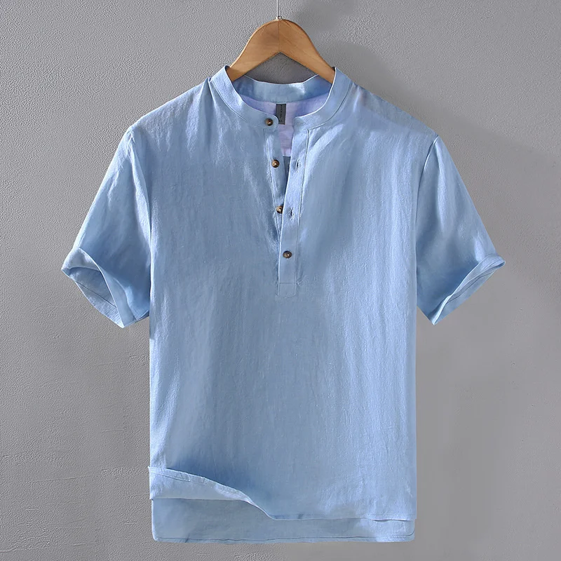 

Korean Fashion Mens Linen Henley Shirt Casual Button Down Short Sleeve Tropical Shirts Summer Beach Breathable T Shirt
