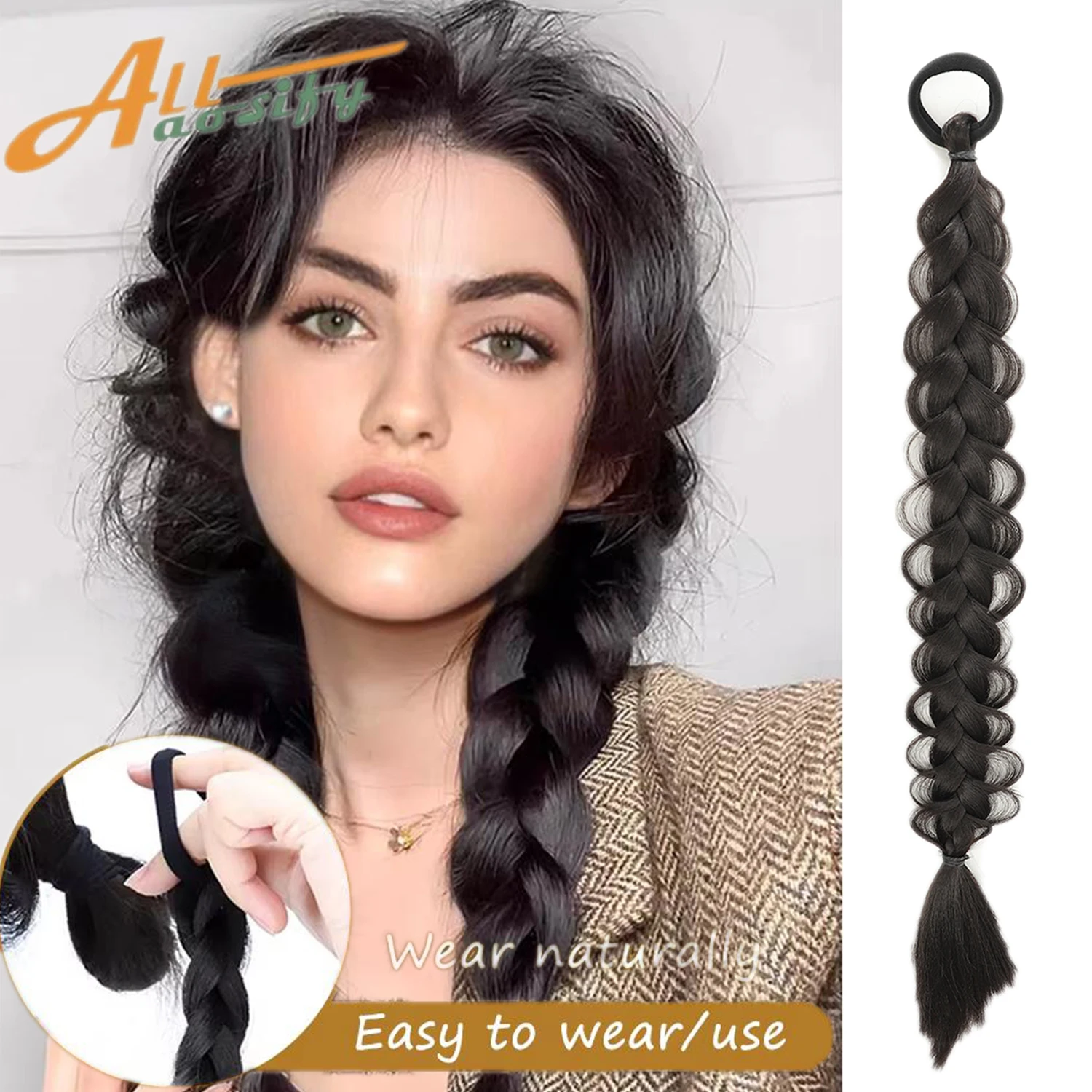 2pcs Long Braided Ponytail for Women Straight Wrap Around Braid Ponytail Extension Synthetic Braids Horse Tail with Rubber Band