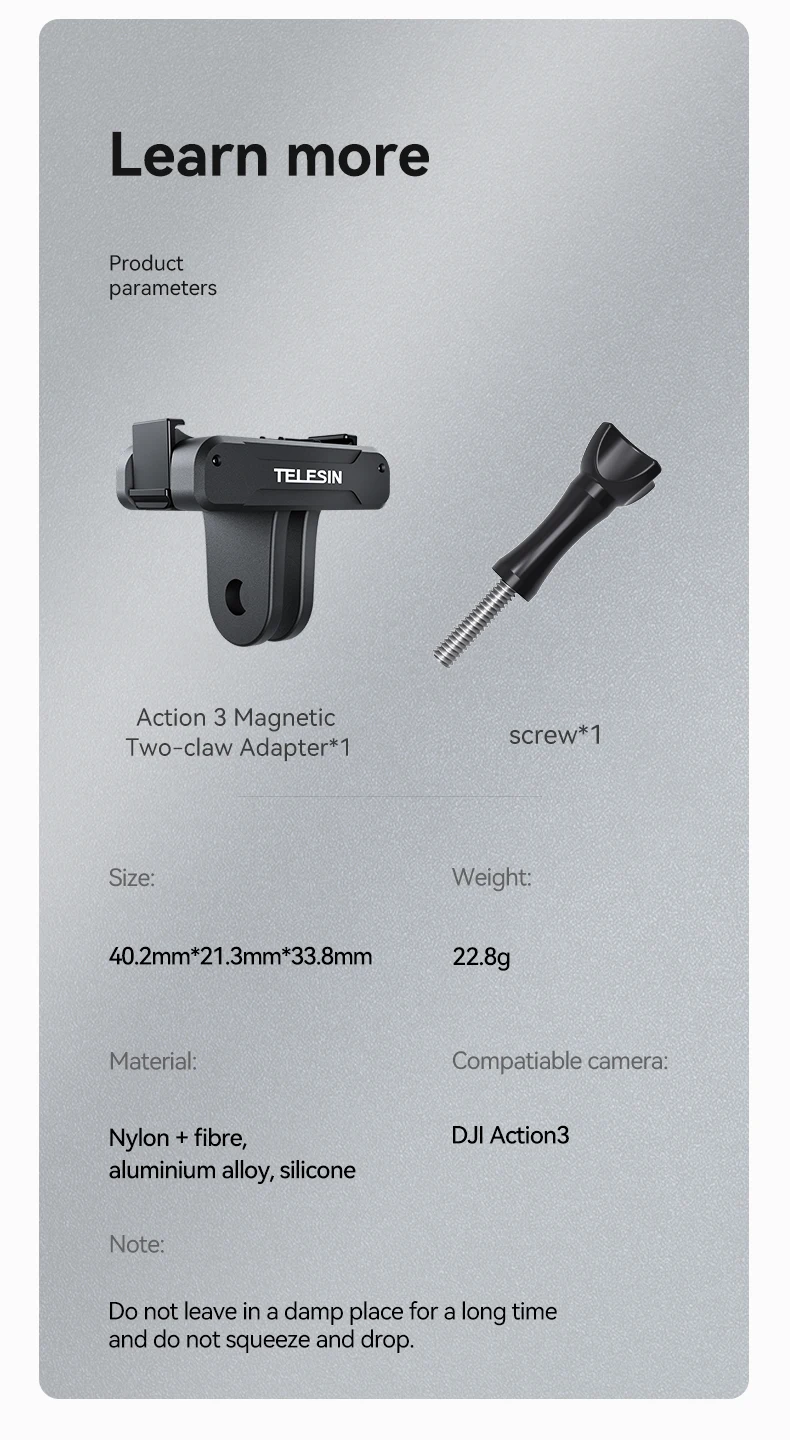 TELESIN Magnetic Two Claw Adapter 1/4 Thread Universal Port For Action 3 Camera