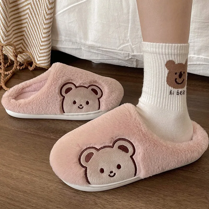 Crestar Fashion Fluffy Winter Warm Slippers For Women Men Cute Cartoon Bear Pattern Winter Indoors Lovers Slippers Home Shoes