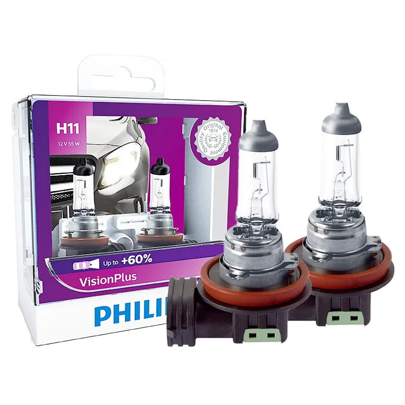 Halogen Headlight Bulb Philips H11 12V 55W PGJ19-2 VisionPlus 3250K Bright Light Up to 60% Vision Halogen Original Car Lamps Headlight 2X
