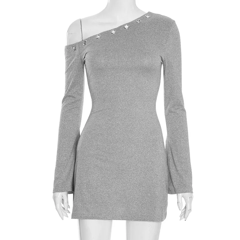 Fashion Girl Diagonal Neck Slim Dress Sexy Hollow Ring Slightly Pulled Long Sleeve Off-the-shoulder Casual A-word Dress Women