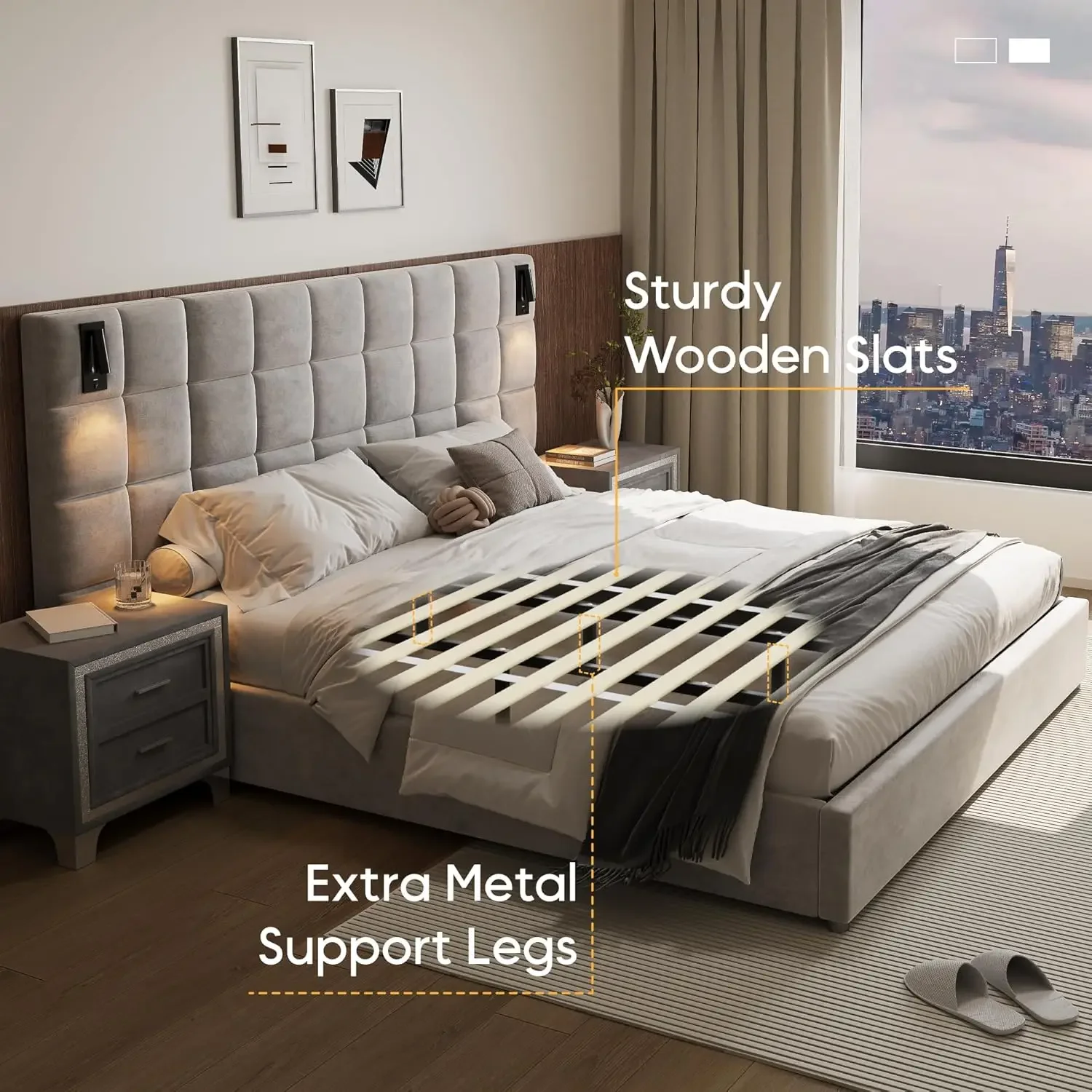 King Platform Bed Frame with Headboard,Elegant Velvet Upholstered Bed with Grid Pattern Padded Headboard,Easy Assembly,Grey 5