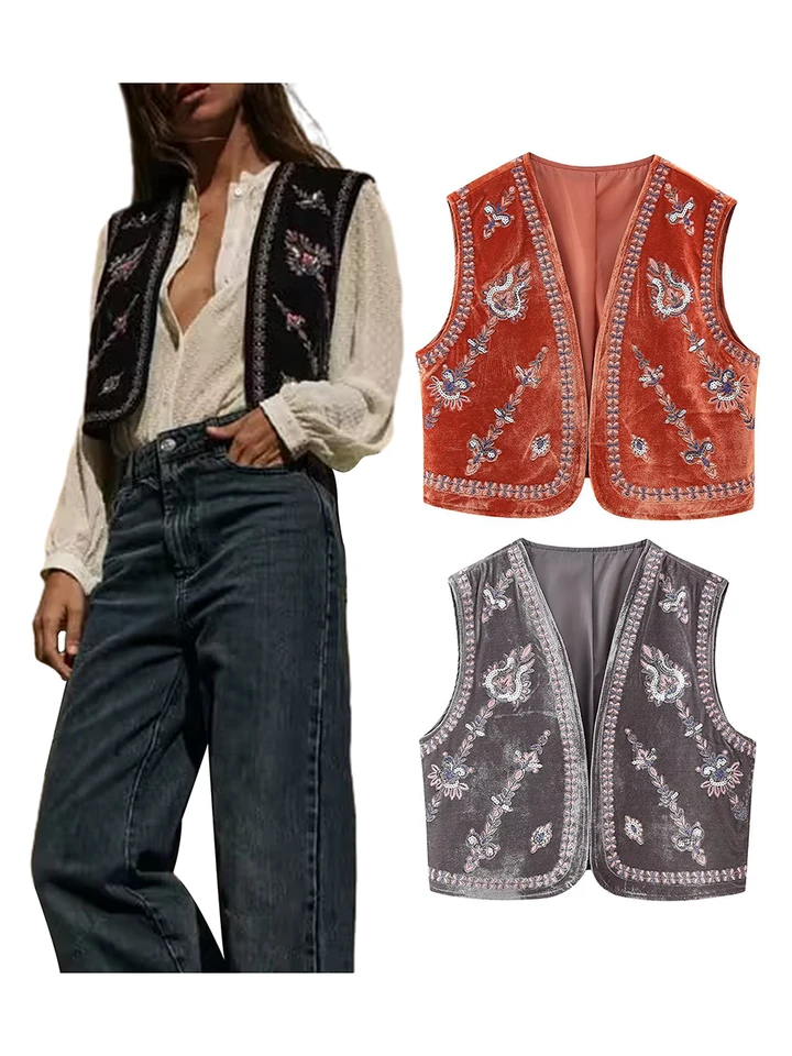 Gilet Brodée Classique Sans Manches Ouvert Pour Femme - Gilet Velours Élégant Automne Hiver