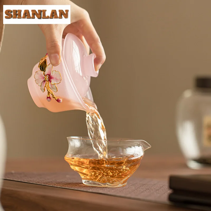 150ml Handmade Kneading Flower Glass Gaiwan Luxury Pink Glazed Crystal Sancai Tea Tureen Tea Brewing Cover Bowl Items Craft