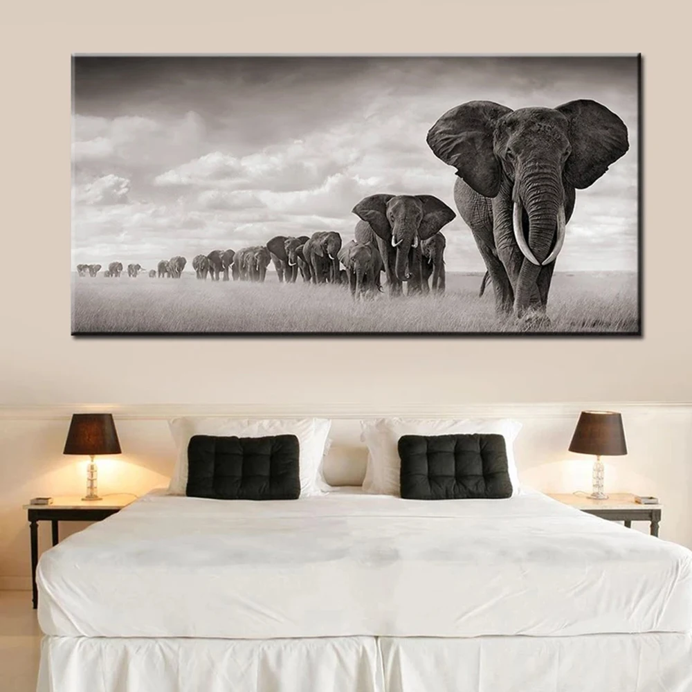 

African Animals Black and White Elephants Canvas Painting Posters Scandinavian Poster Printing Sitting Room Wall art Images