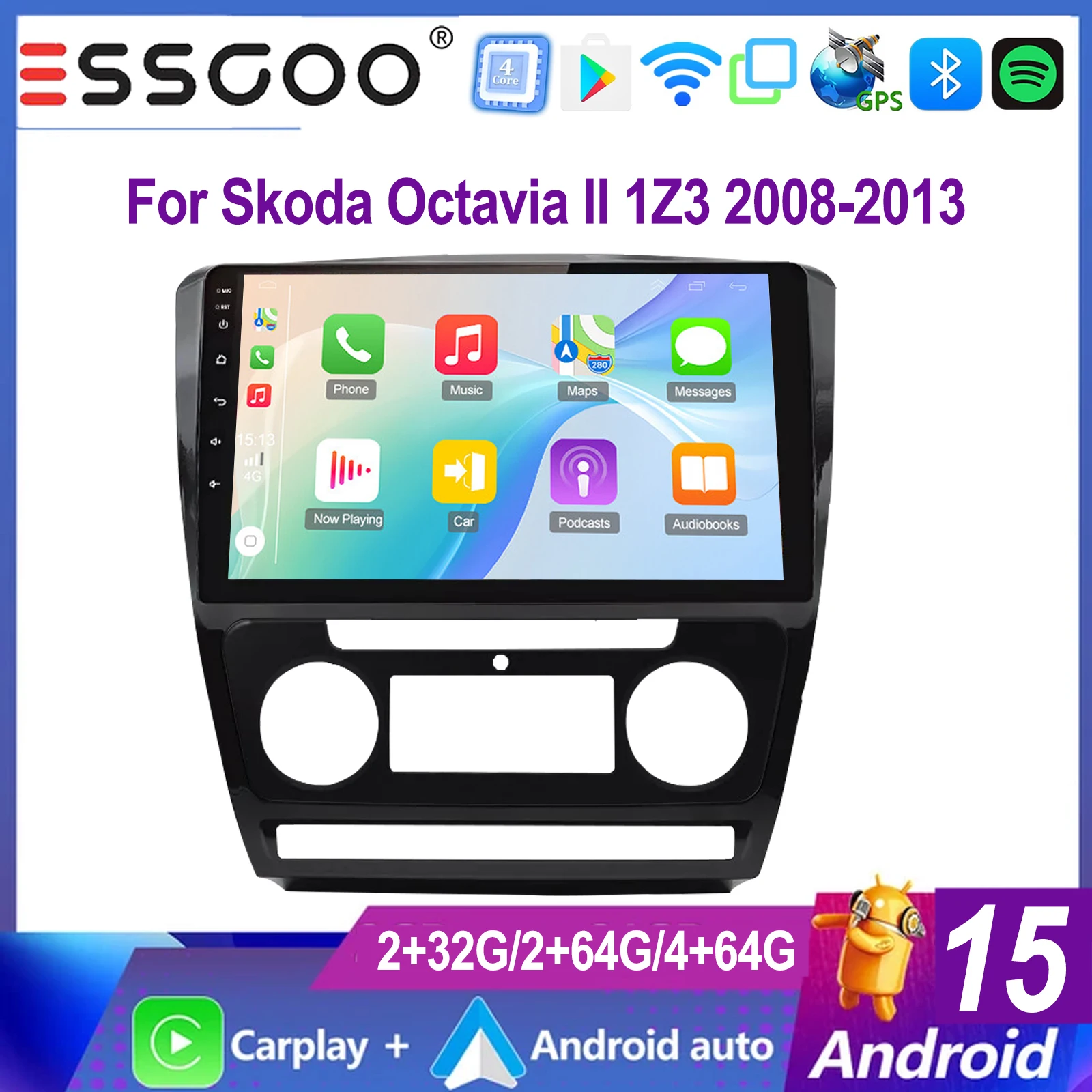 ESSGOO 10 Zoll IPS Touchscreen Android 15 Für Skoda Octavia II 1Z3 2008-2013 Autoradio Wireless Carplay Android Auto GPS Navigation WIFI Lenkradfernbedienung RDS Bluetooth FM Spiegellink Geteilter Bildschirm