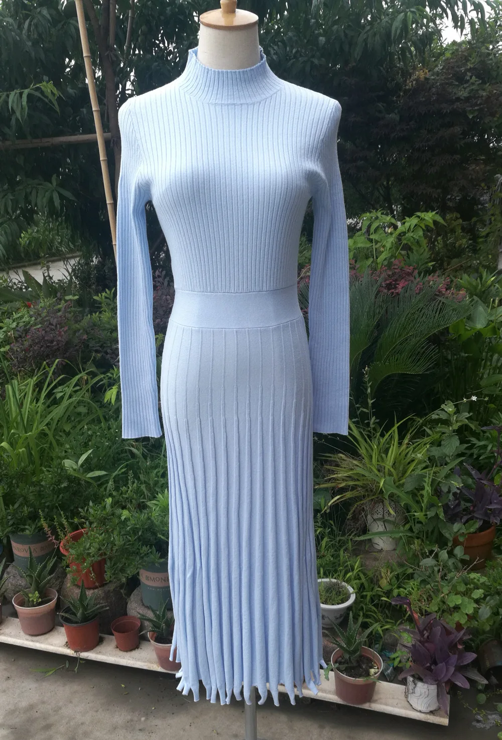 Vestido de punto plisado acanalado para mujer, suelto, de moda, con retazos, manga larga, cintura alta, de punto, vestido maxi femenino de otoño, nuevo
