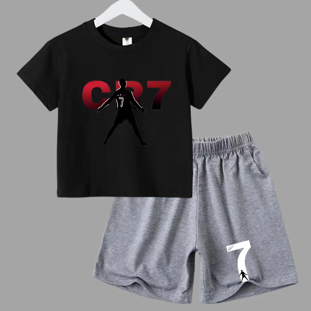 thumbnail image 1 of Traje deportivo de verano CR7 Ronaldo para niños de 2 a 14 años, conjunto de 2 piezas, camisetas de manga corta informales y pantalones cortos, conjuntos de ropa de ídolo para niños, 1 of 5