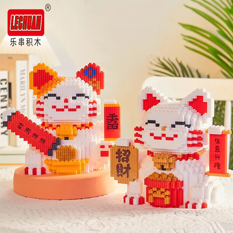 Linkgo Maneki 네코 펜 컨테이너 빌딩 블록, 행운의 고양이 부자 고양이 연결 모델, 부의 신, 미니 벽돌 피규어 장난감 선물