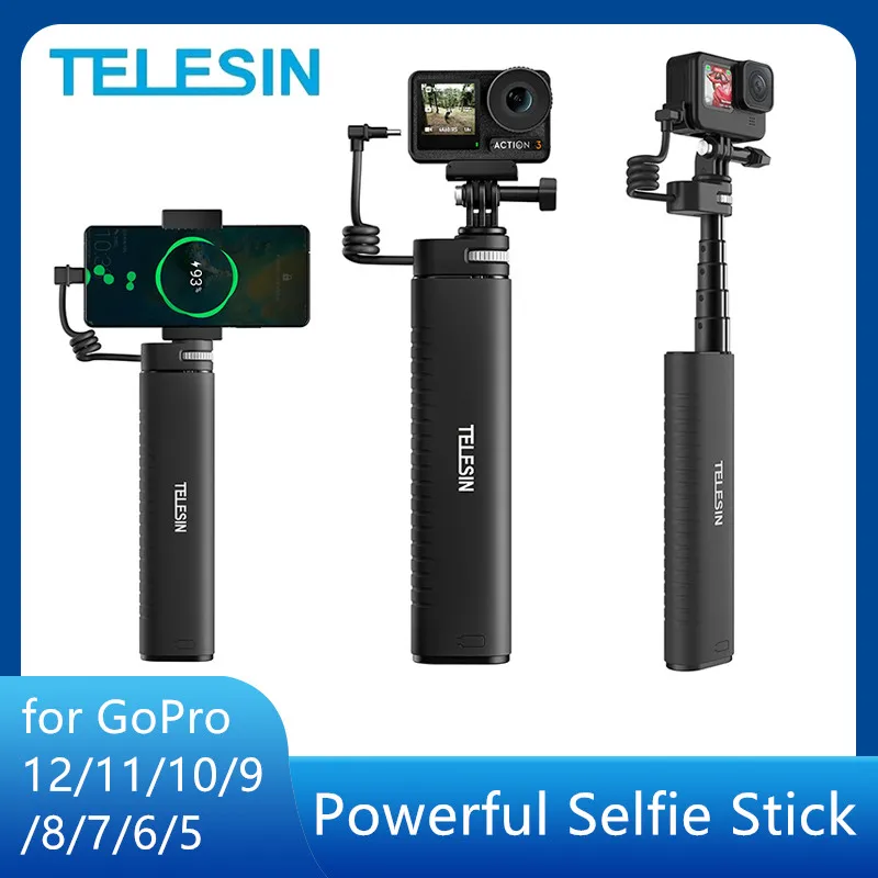 TELESIN 충전 파워 셀카봉 보조배터리, 고프로 12, 11, 10, 9, 8, 7, 6, 5 액션 스포츠, 카메라 액세서리 핸들, 10000mah
