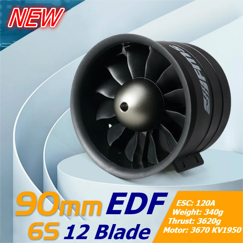 Détail du moteur 3670 KV1950 fixé au ventilateur caréné 90mm, avec les câbles de connexion visibles.
