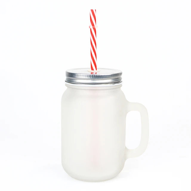 Glass Mason Jar Mug with Handle, Metal Lid and Straws