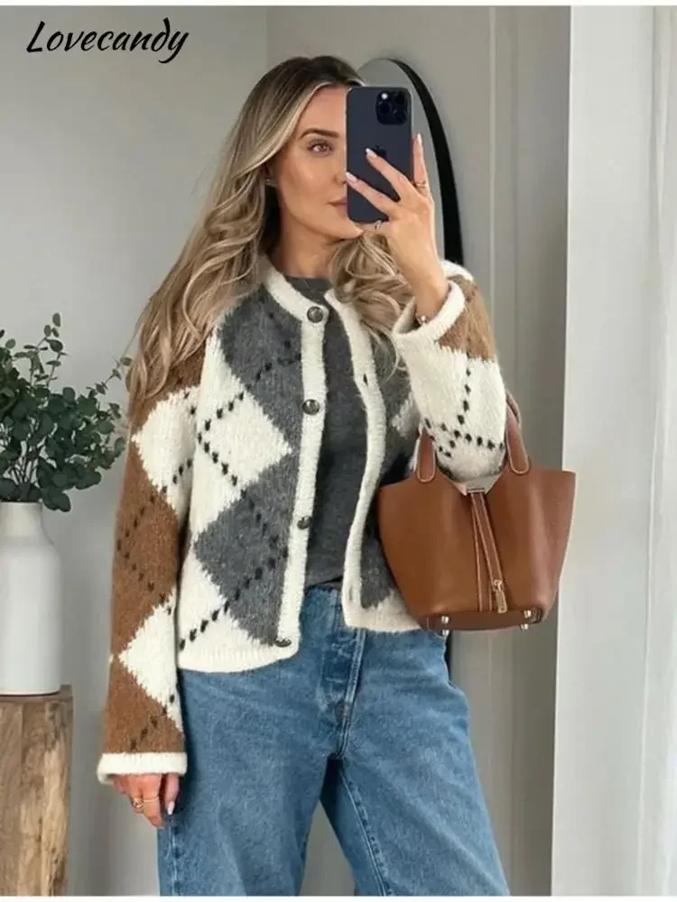 

Autumn Plaid Printed Knitted Cardigan Women Casual V-neck Single Breasted Sweater Cardigan 2023 Fashion Lady Streetwear Coats