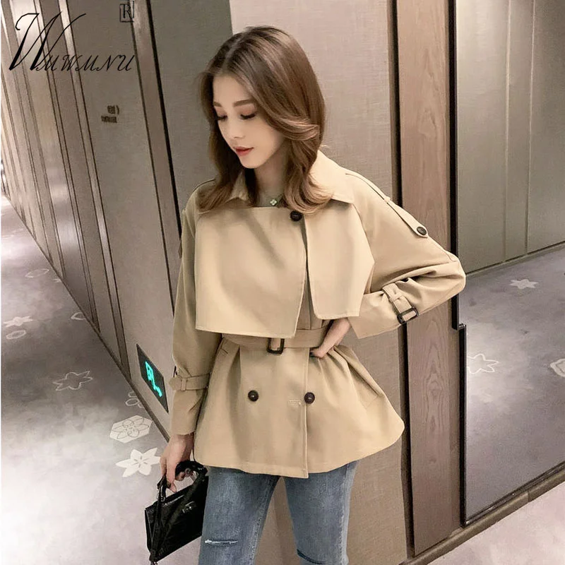 Korean Fashion Cropped Trench Coat Women Slim Belt Khaki Windbreaker Double Breasted 2022 Spring Overcoat Elegant Gabardinas