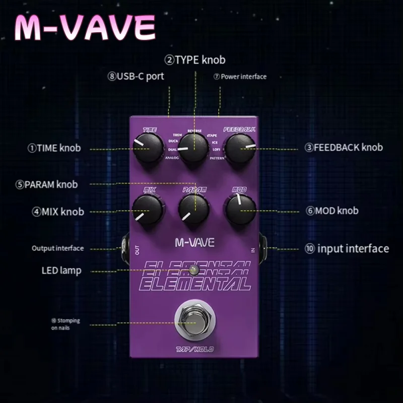 M-VAVE Elemental Digital Delay Guitar Pedal 9 Vintage Amp Effects 3-Band EQ True Bypass TAP/HOLD Professional Mode