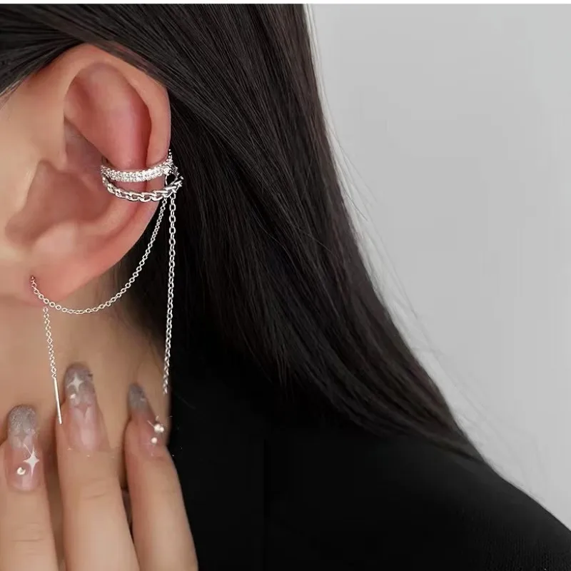 Ear Clip Earrings Clip Earrings Ear Clip Stud Earrings Ear Accessories 1Pcs Double Layer C-Shaped Ear Cuff Earrings Long Tassel Rhinestones Piercing Stud Earring Trendy Women Jewelry