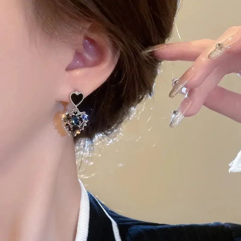 Dangle Earrings Black Rhinestones Double Heart Dripping For Women Fashion Vintage
