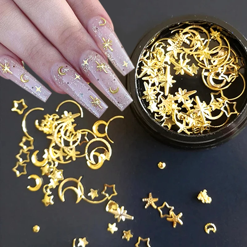 Gold Metal Star Nail Studs With 3D Punk Stars, Moon, Triangle, Square,  Rivet Gems, Hollow Ocean Heart, And Diamonds DIY Decoration Round Boxed  Gold Nail Designs From Cuteage, $1.01
