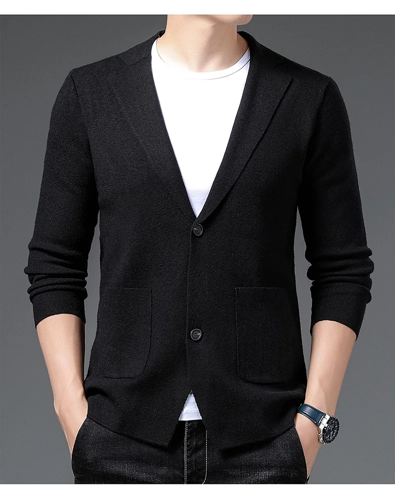 Mode einzigartige Anzug Kragen Herren Strickjacke hochwertige einfache einfarbige Komfort Tasche Knopf neue lässige Pullover Mantel – Detail 8
