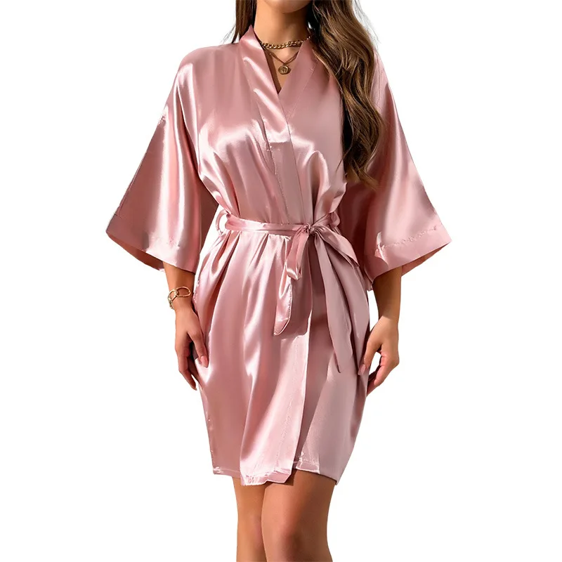 3PCS Women Pajamas Sexy Sling Shorts with Women Robe Satin Ice Silk Pure Color Sleepwear Bathrobe Bridesmaid Dressing Gown