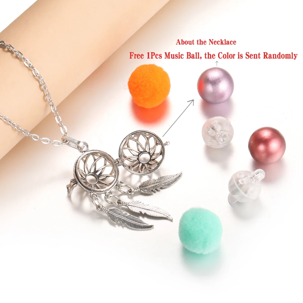 Colorful Feather Tassel Pendant Necklace with Aromatherapy Music Ball and Essential Oil Diffuser Locket