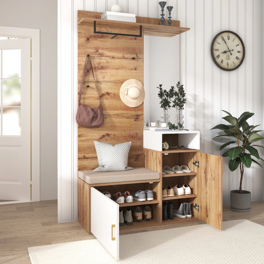 PINGGO Wandmontierter Kleiderschrank-Set mit 4 Haken, Spiegeln, Schuhschrank, oberer Stauraum, Flur-Garderobe, Hocker, Bohren erforderlich – Detail 9