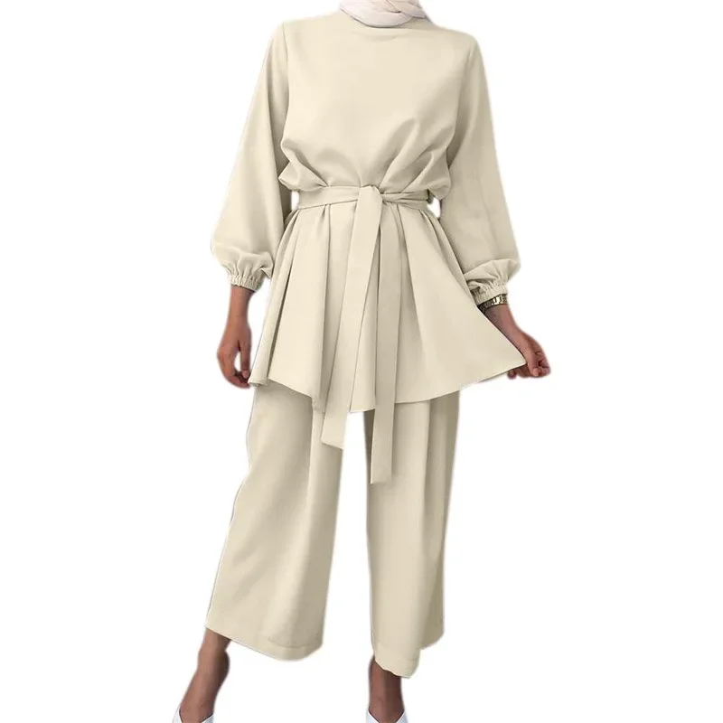 

Женский модный дизайнерский топ на шнуровке с длинным рукавом и свободные брюки, темпераментный элегантный женский комплект одежды, костюм из двух предметов