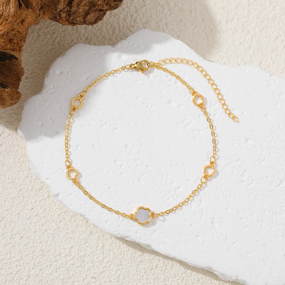 New Hot Sale White Shell Opal Mini Flower Bracelet Metal Stainless Steel Chain Bracelets Adjustable 18K Gold Plated Hand Jewelry