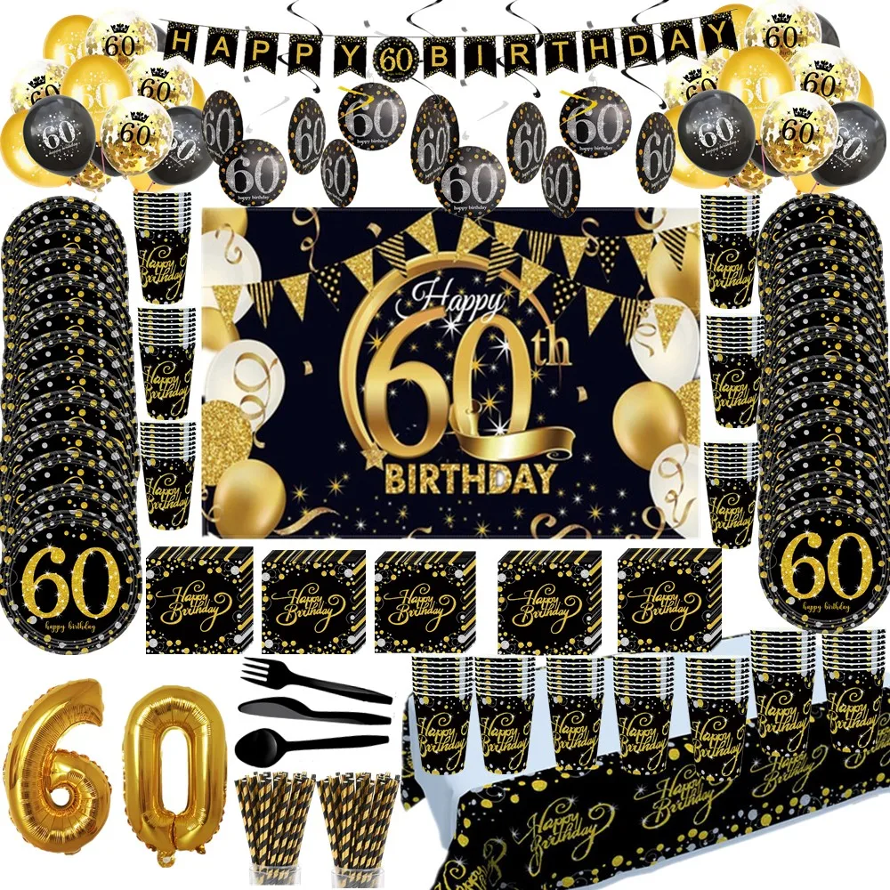 Decorazioni 60° Compleanno Nero E Oro | Banner Happy 60th E Bandierine | Compleanno Uomo/donna